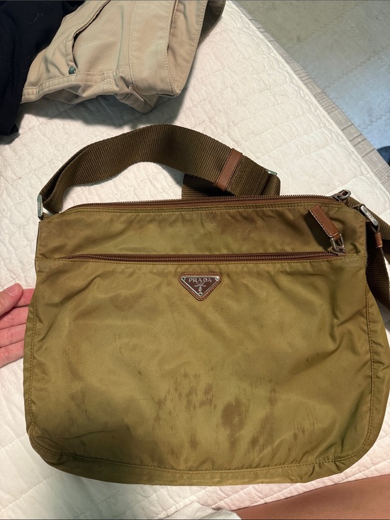 Prada Handbags - Prada Olive-Toned Nylon Messenger Bag with Brown Trim